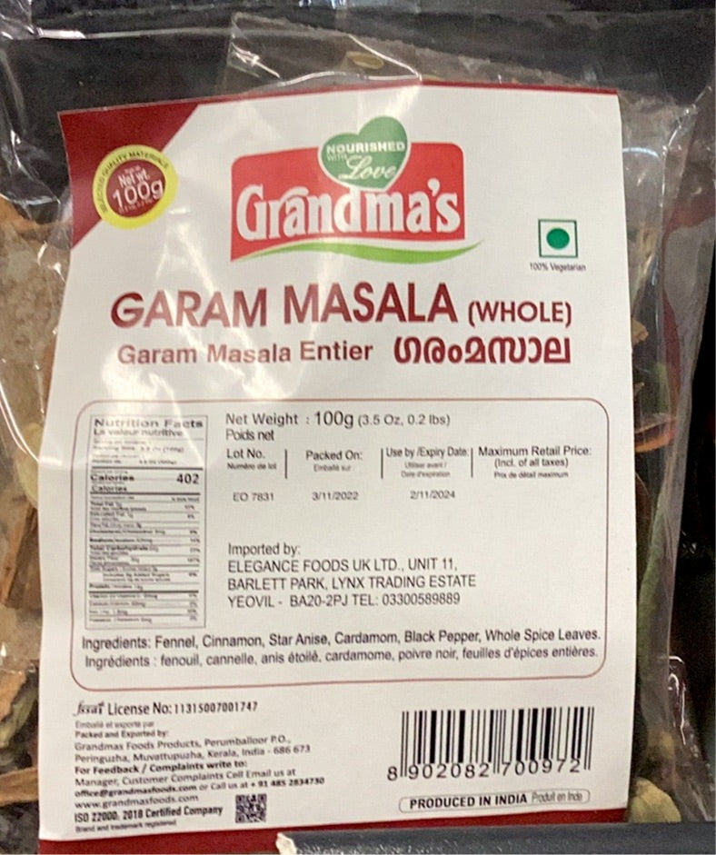 Grandmas Garam Masala (whole) 100gm